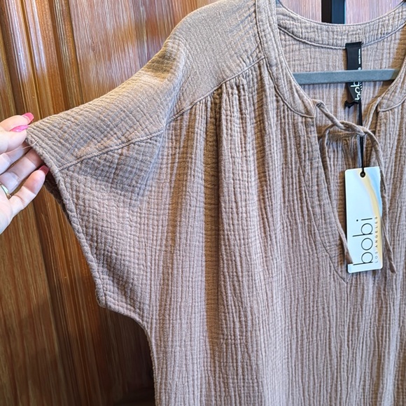 NWT bobi Cotton Brown midi dress with tie front and short sleeves - Picture 6 of 9